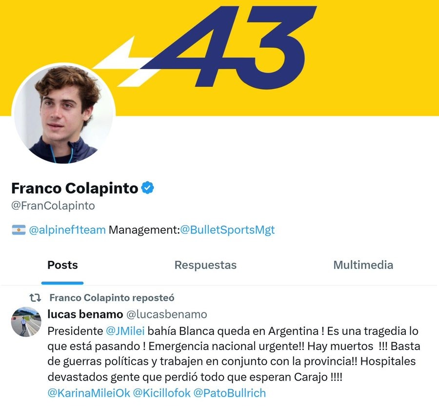 Franco Colapinto compartió un mensaje por el temporal en Bahía Blanca y lo borró: su aclaración 