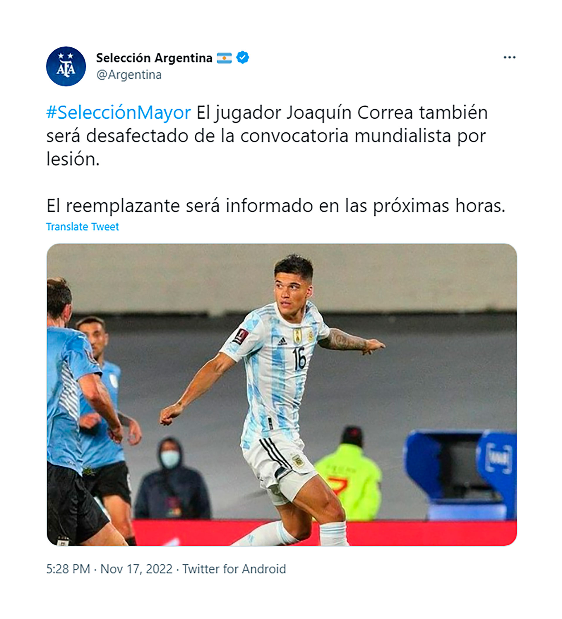 La noticia de la baja de Correa, en la cuenta de Twitter de la Selección