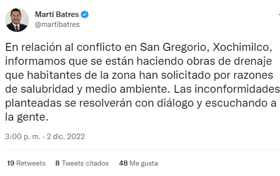 Martí Batres aseguró que habría diálogo sobre el incidente en San Gregorio Atlapulco (Twitter/@martibatres)
