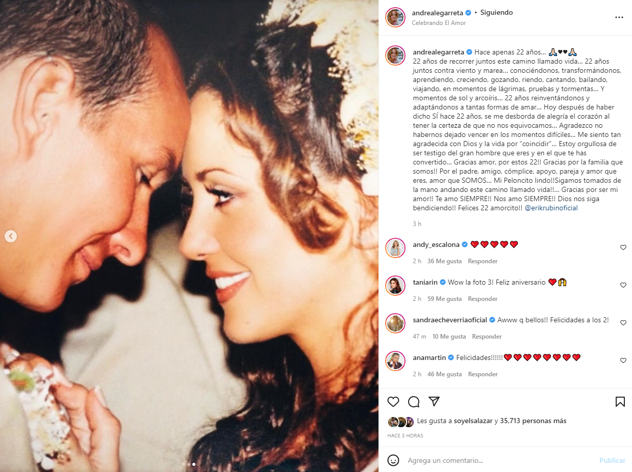 El 1 de abril de 2022, la conductora y actriz compartió un romántico mensaje para celebrar su aniversario de bodas con Rubín (Captura: @andrealegarreta/Instagram)