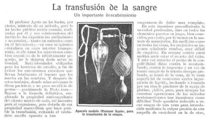 El método de Agote fue descripto en todos los medios de comunicación. El médico incluso inventó aparatos para las transfusiones