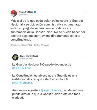Opiniones de Alejandro Hope y Javier Martín Reyes, analista de seguridad y abogado, respectivamente (Foto: Twitter/ @ahope71 y @jmartinreyes)