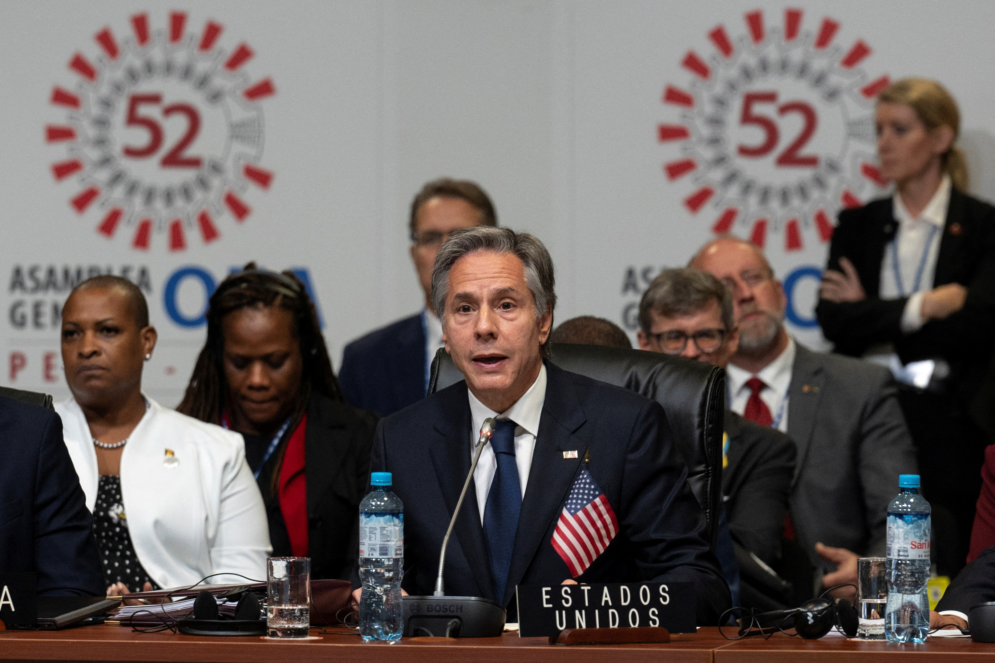 U.S. Secretary of State Antony Blinken speaks during the 52nd General Assembly of the Organization of American States (OAS) in Lima, Peru on October 6, 2022. Cris BOURONCLE/Pool via REUTERS