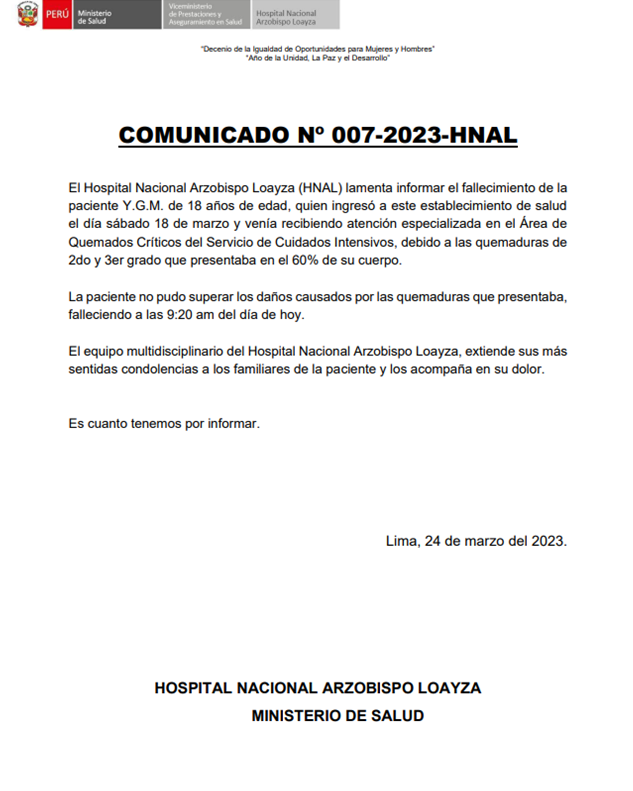 El Hospital Arzobispo Loayza, donde se encontraba internada la joven, emitió un comunicado oficial.