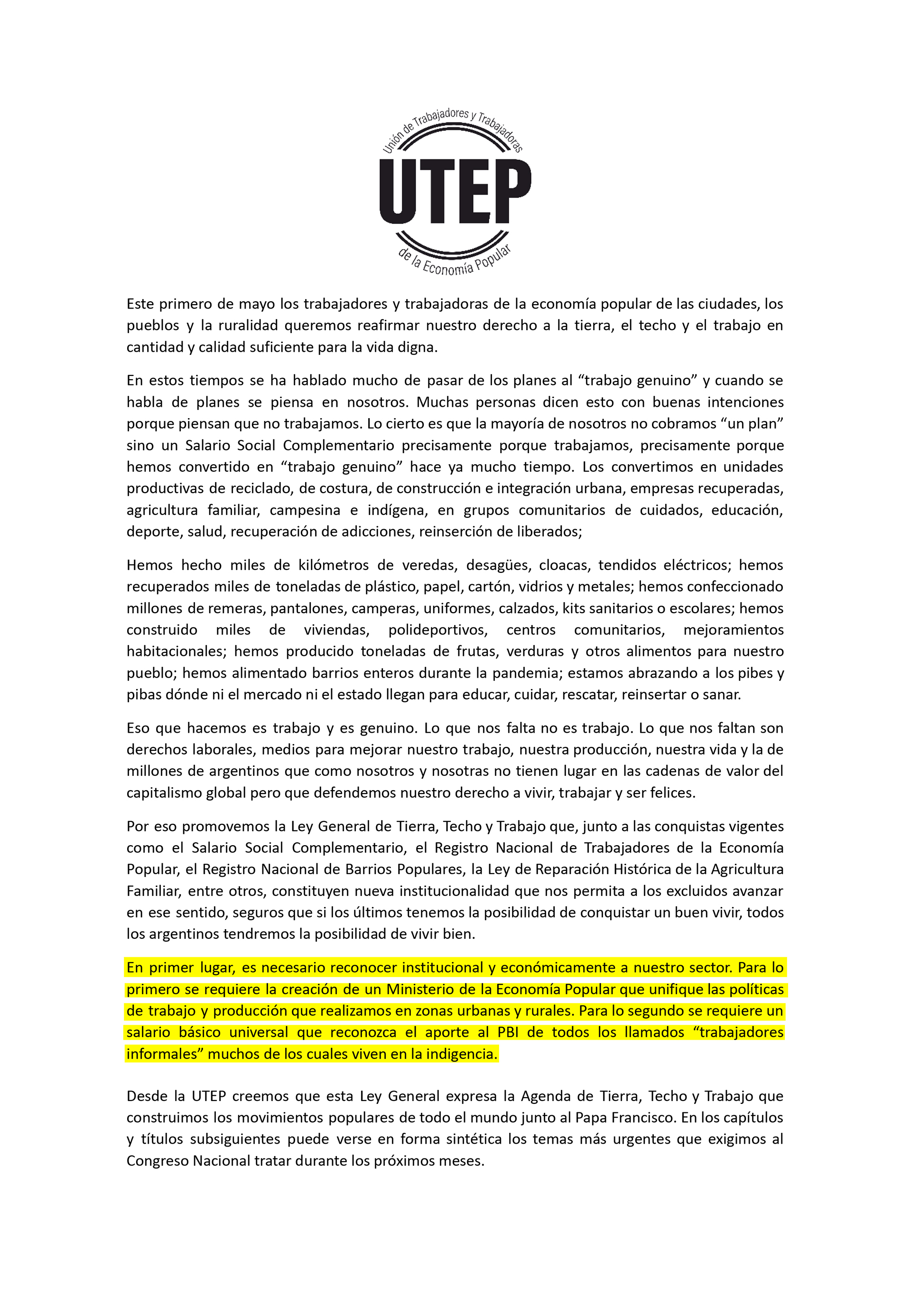 Documento de la UTEP a través del cual le reclaman a Alberto Fernández el ministerio de la Economía Popular