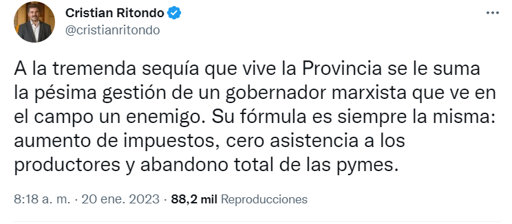 Las críticas de Ritondo a la gestión de Kicillof 
