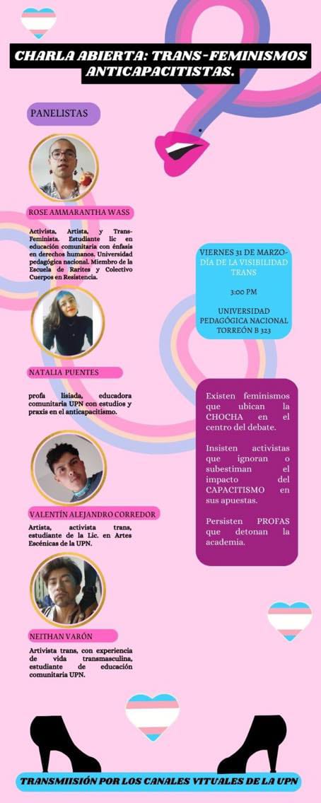 Charla abierta: trans feminismos Día Visibilidad Trans, se realizará el 31 de marzo en la Universidad Pedagógica de Bogotá.