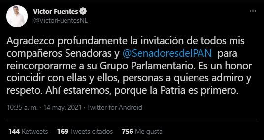 Víctor Fuentes, ex candidato de Morena a la alcaldía de Monterrey, volvió a  bancada del PAN en el Senado - Infobae