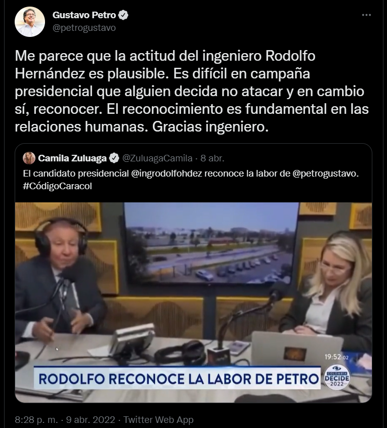 En abril de este año, Gustavo Petro le hizo un 'coqueteo electoral' a Rodolfo Hernández por un mensaje sensato del ingeniero sobre la gestión del candidato del Pacto Histórico cuando fue alcalde de Bogotá.
FOTO: vía Twitter (@petrogustavo)