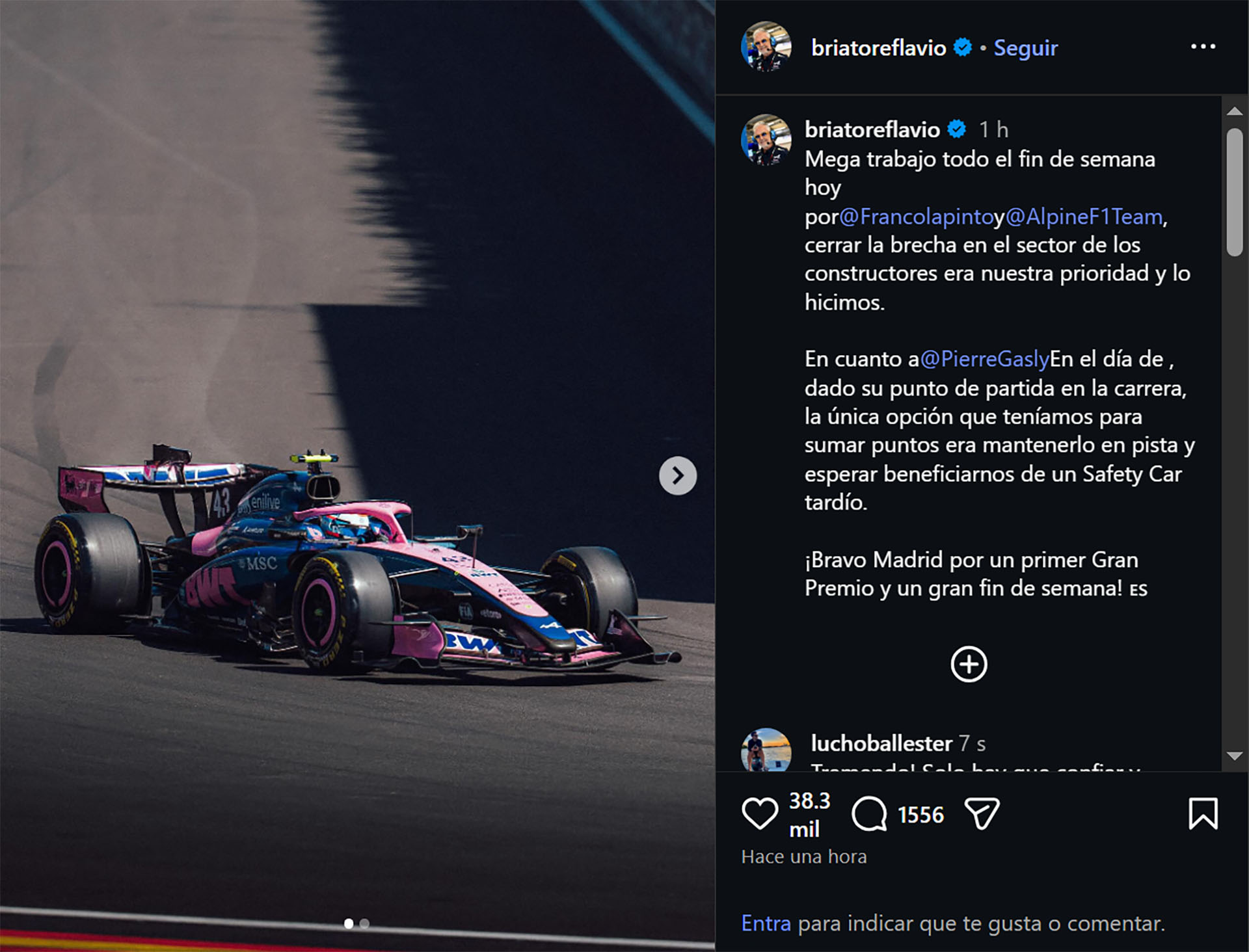 Briatore respald&oacute; a Franco Colapinto con una publicaci&oacute;n especial tras su s&eacute;ptimo puesto en el Gran Premio de Espa&ntilde;a