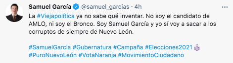 Samuel García denunció que su oponente Adrián de la Garza se ha lanzado contra él porque las encuestas lo tienen desesperado (Foto: Twitter/@samuel_garcias)