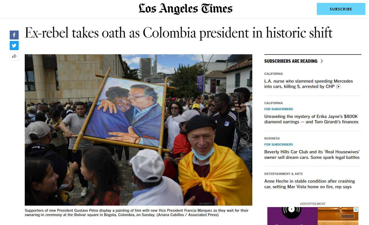 El medio norte americano se refirió al presidente de la republica Gustavo Petro como un ex combatiente 
Foto: Vía latimes.com