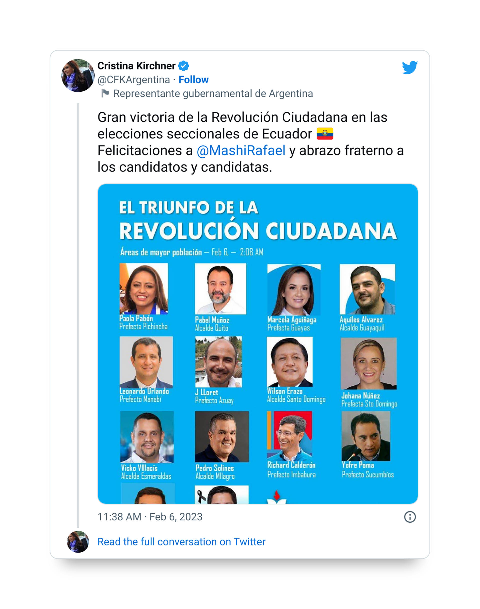 Cristina Kirchner felicitó a los candidatos de Rafael Correa que triunfaron en las elecciones en Ecuador