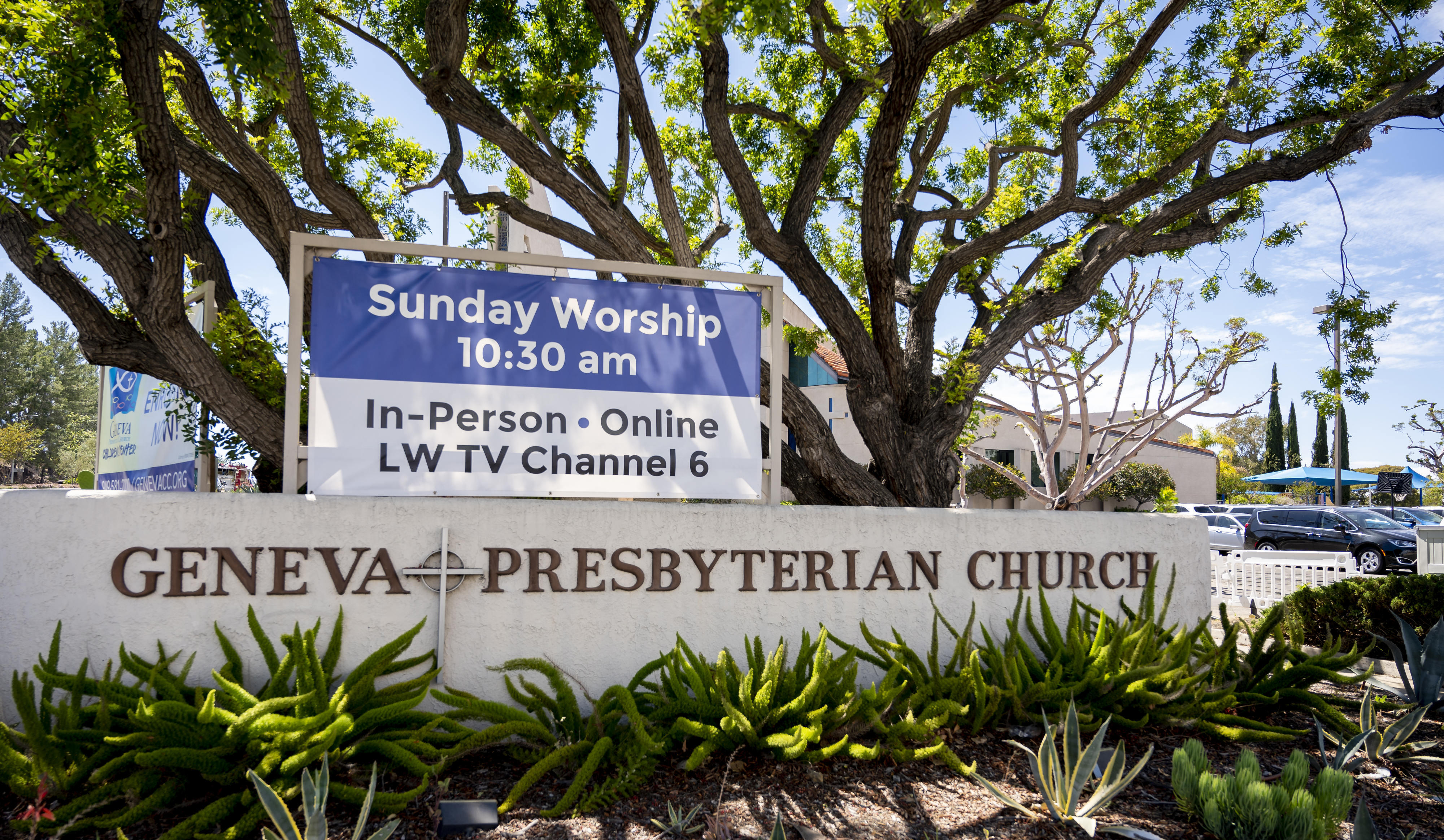 A sign for the Geneva Presbyterian Church in Laguna Woods after a fatal shooting (Leonard Ortiz/The Orange County Register via AP)