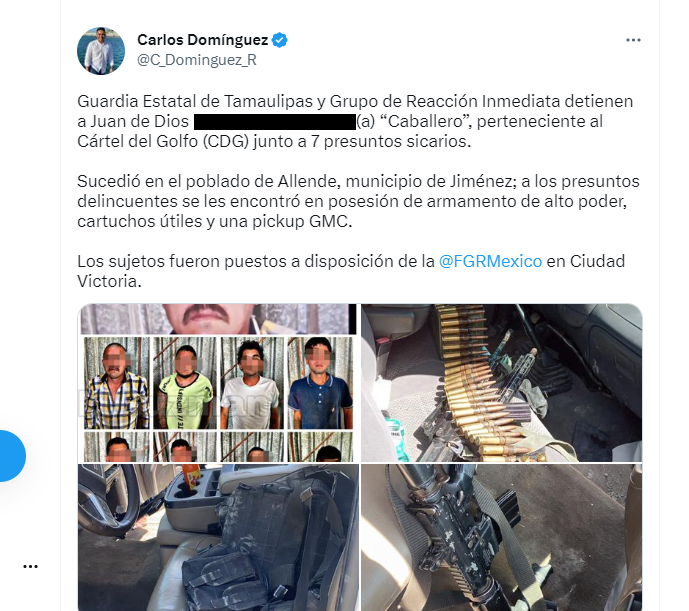 Along with images of the alleged detainees, photos of the weapons that would have been confiscated were shared (Photo: screenshot/Twitter/@C_Dominguez_R)