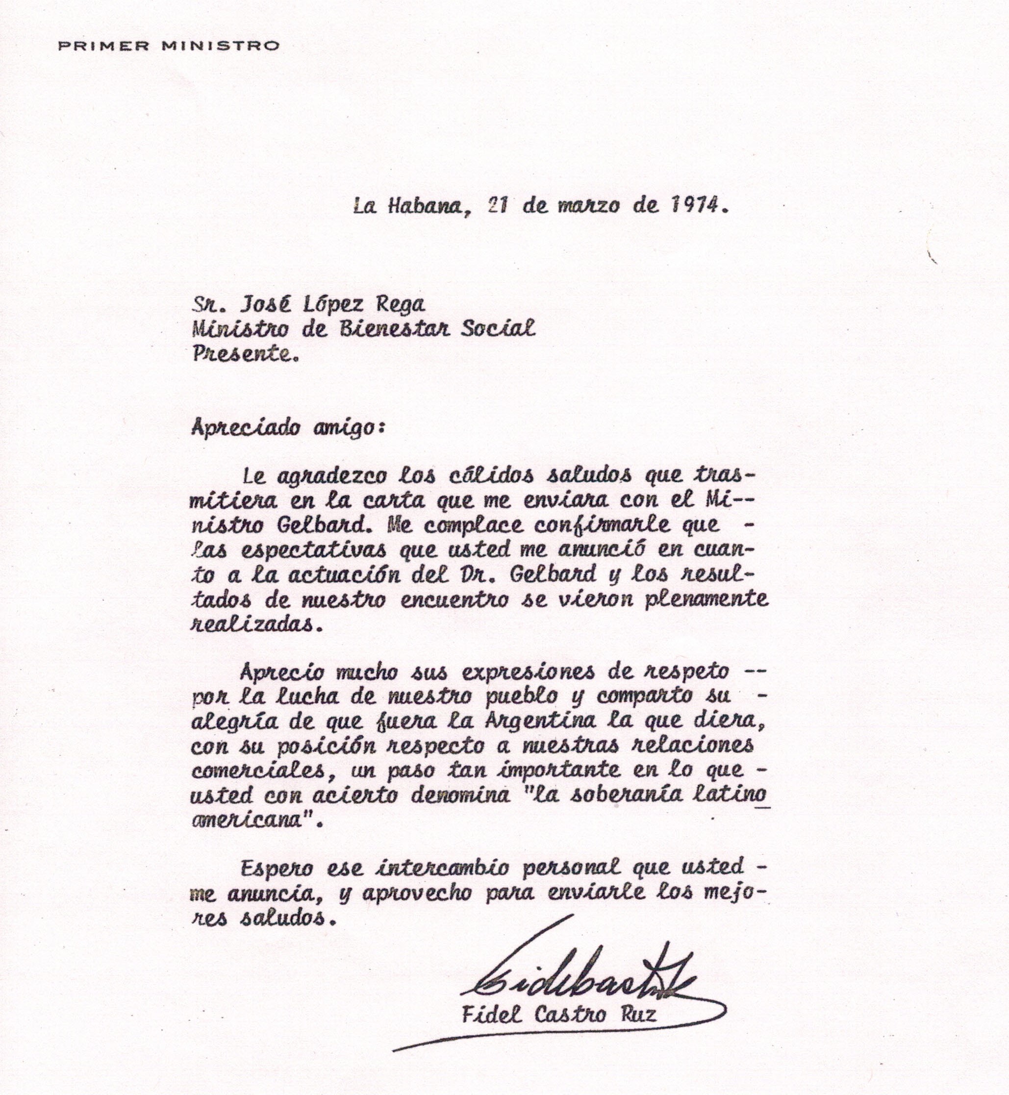 Carta de Fidel Castro al Ministro José López Rega
