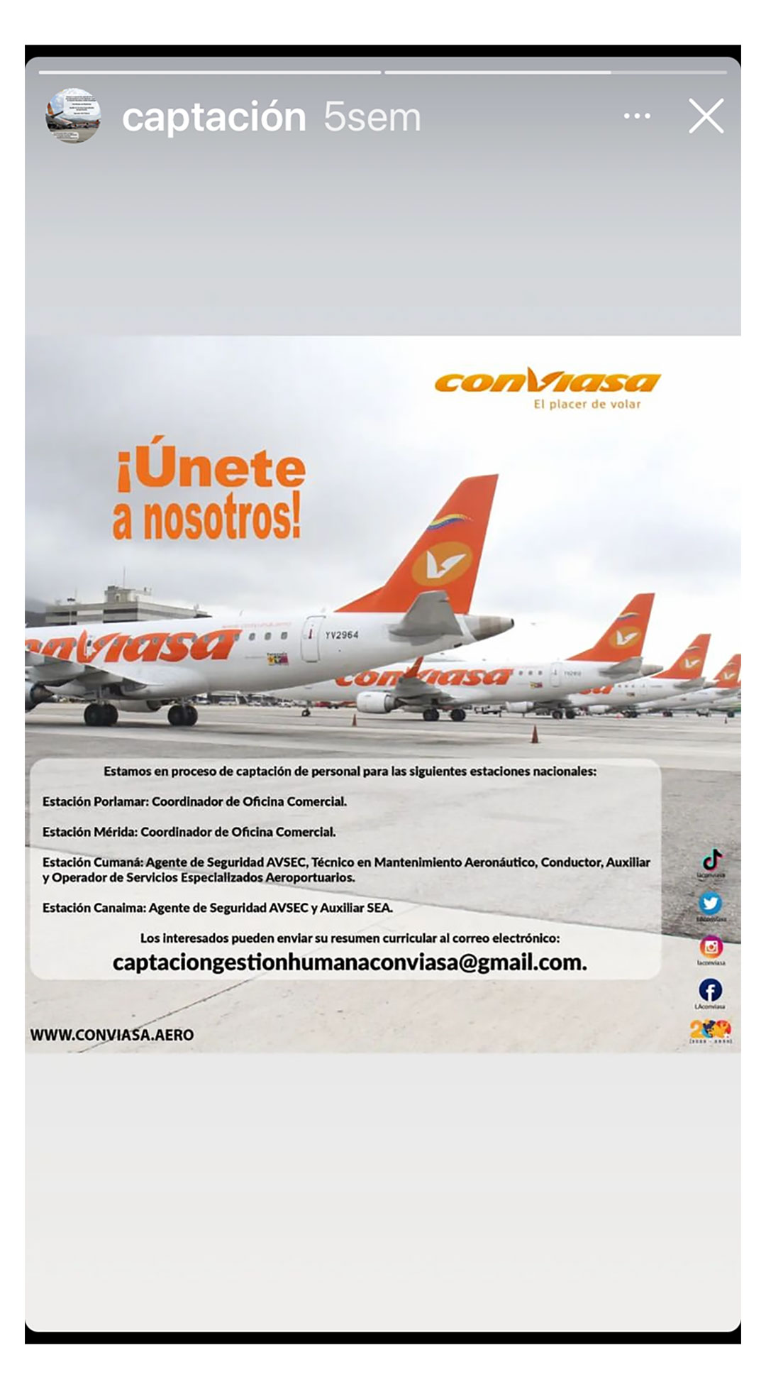 Advertising from Conviasa a month and a half ago on their networks