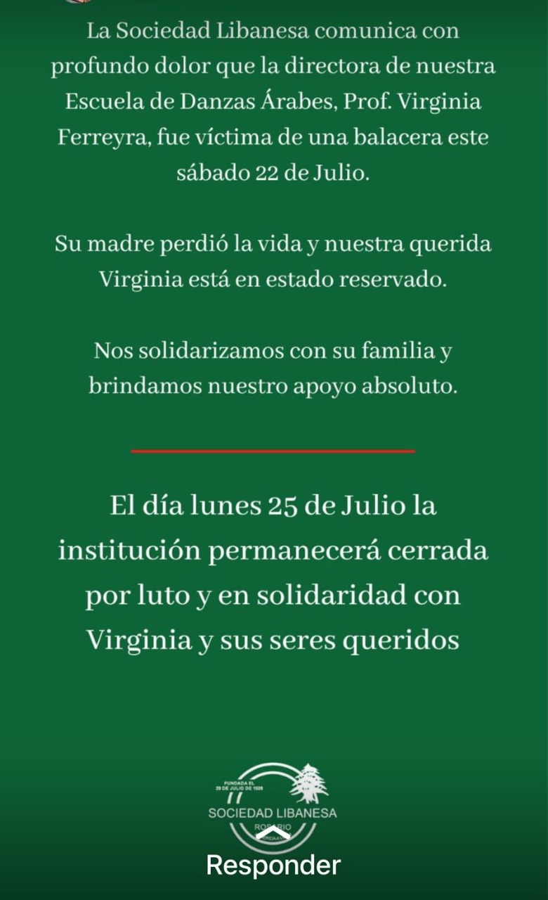 El comunicado de la Sociedad Libanesa de Rosario en solidaridad con Virginia Ferreyra y su familia
