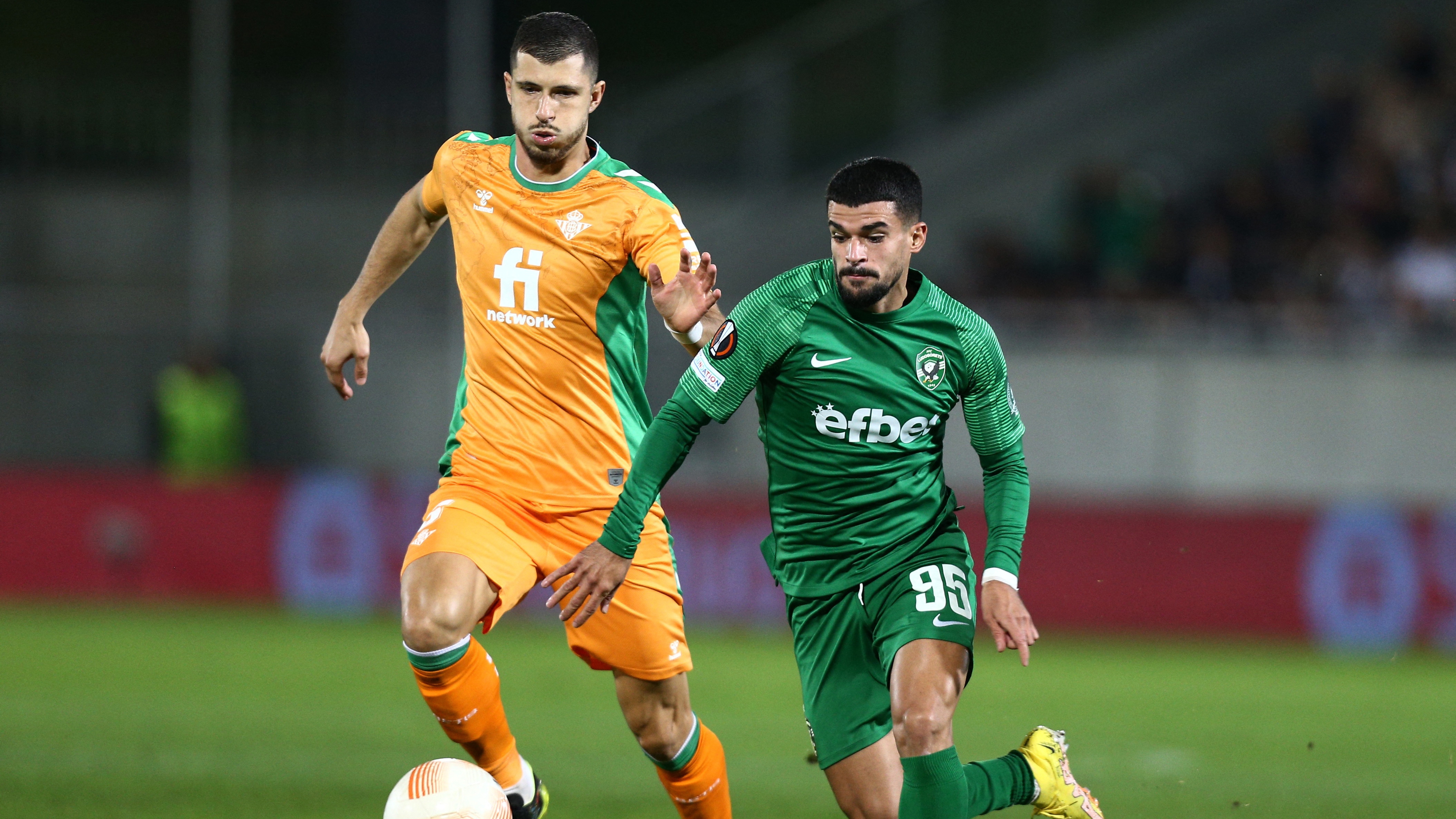 Soccer Football - Europa League - Group C - Ludogorets Razgrad v Real Betis - Ludogorets Arena, Razgrad, Bulgaria - October 27, 2022 Real Betis' Guido Rodriguez in action with Ludogorets Razgrad's Pedro Naressi REUTERS/Stoyan Nenov