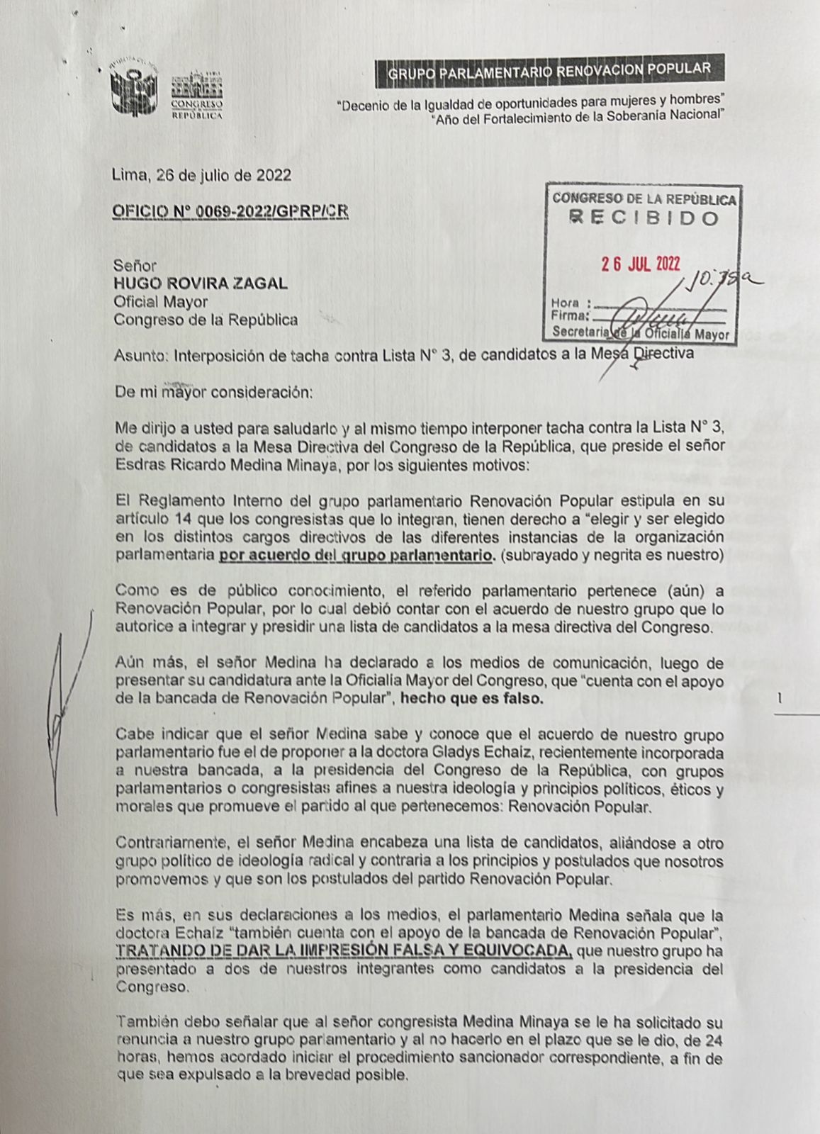 Tacha presentada contra la Lista 3 de Esdras Medina para la elección de la Mesa Directiva 2022-2023