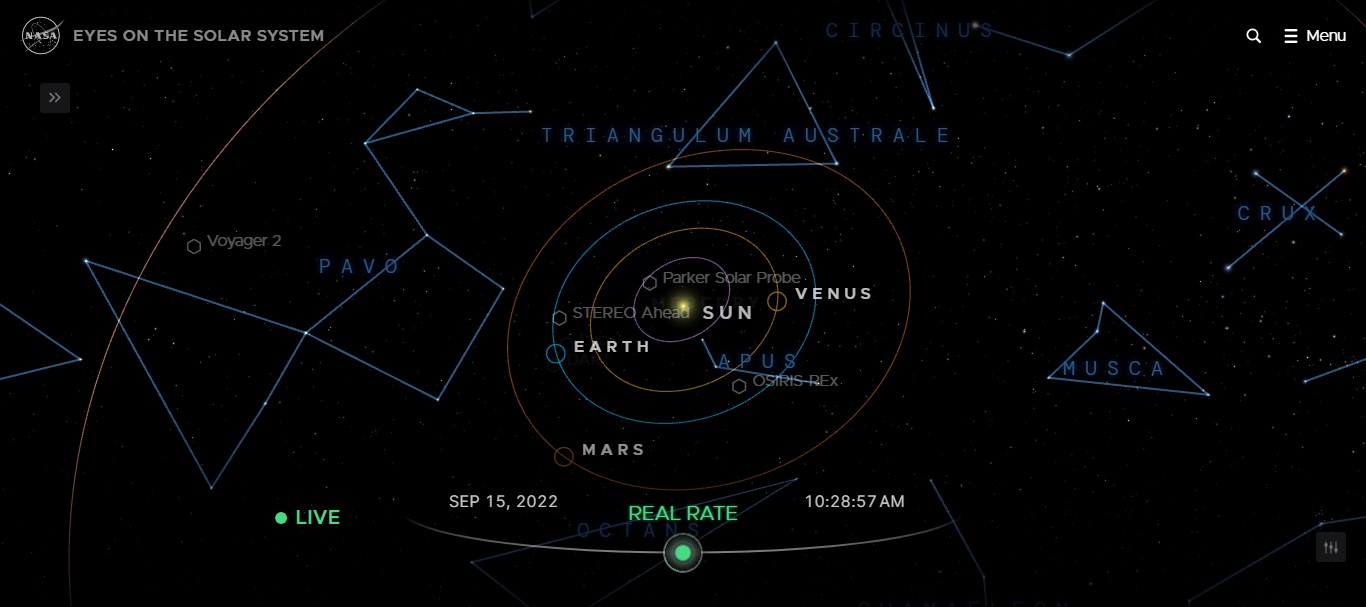Gezicht op de sterrenbeelden op de NASA-website over de ogen van het zonnestelsel (screenshot)