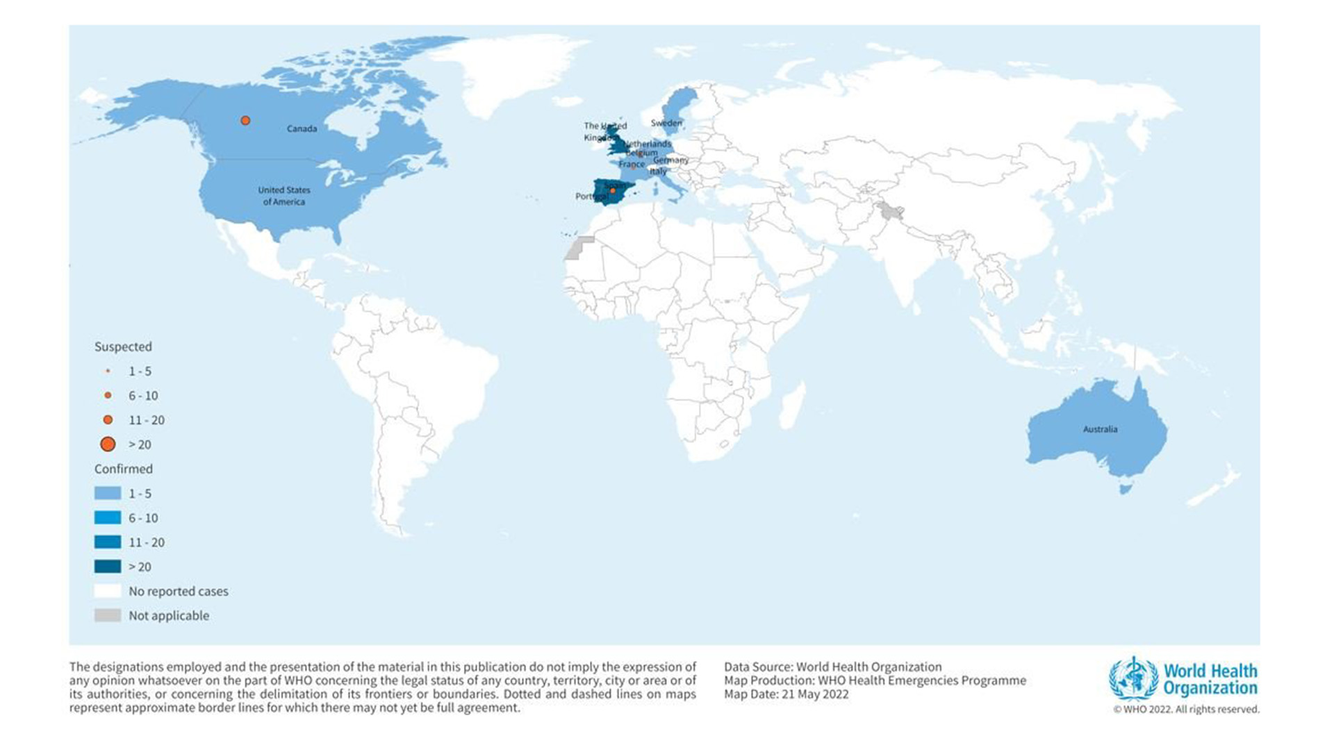 Programa de Emergencias Sanitarias de la OMS con países con viruela del mono / Fecha del mapa: 21 de mayo de 2022
Crédito: OMS