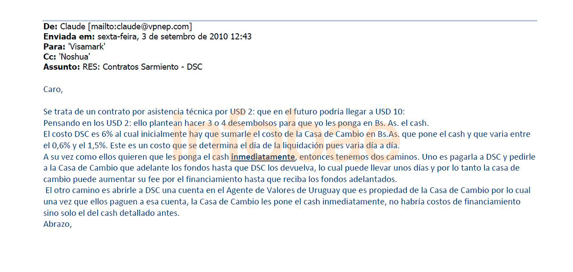 Uno de los mails en el que se habla de la empresa que según la justicia se usó para desviar coimas en el caso del Soterramiento