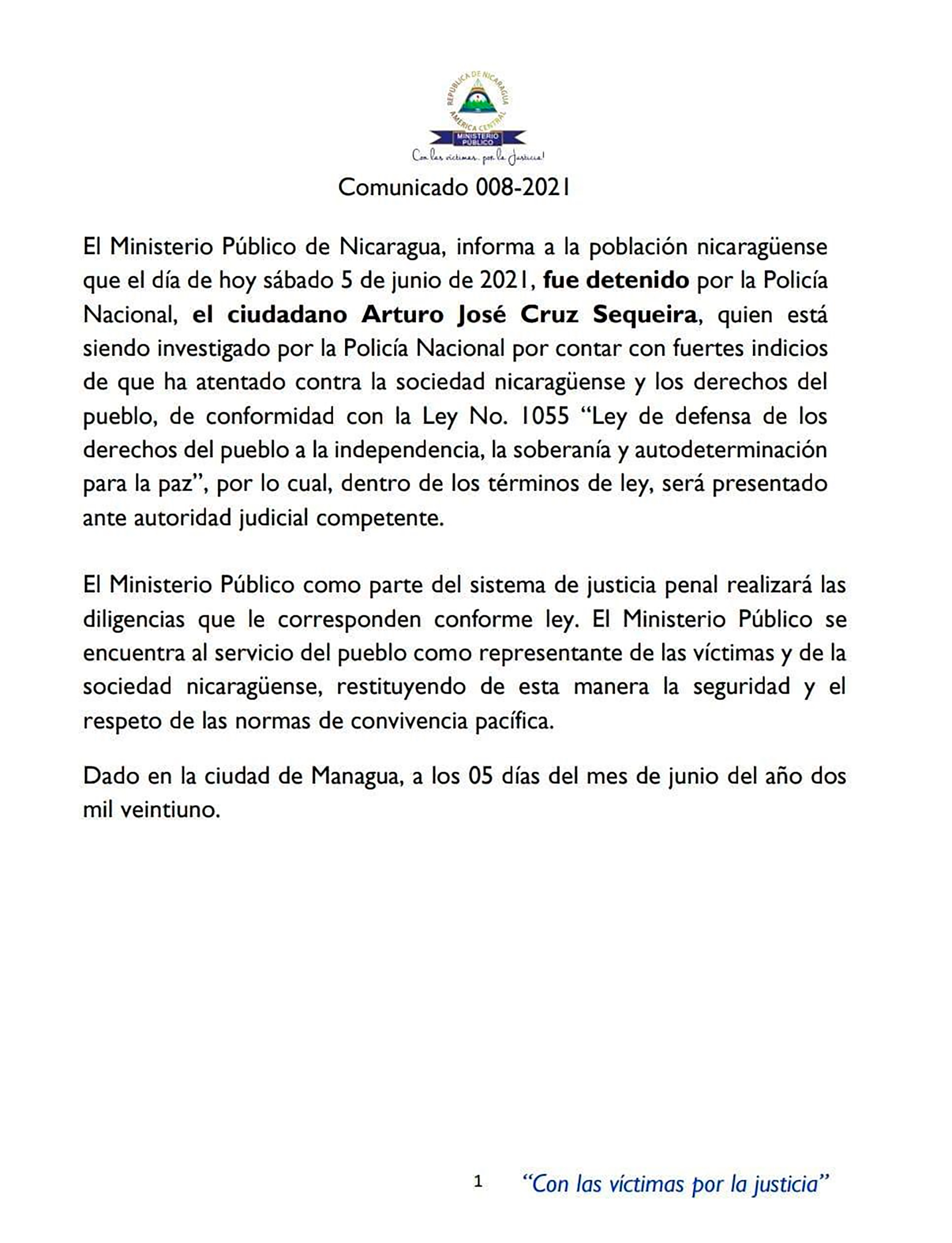 El comunicado del Ministerio Público de Nicaragua sobre la detención de Arturo Cruz