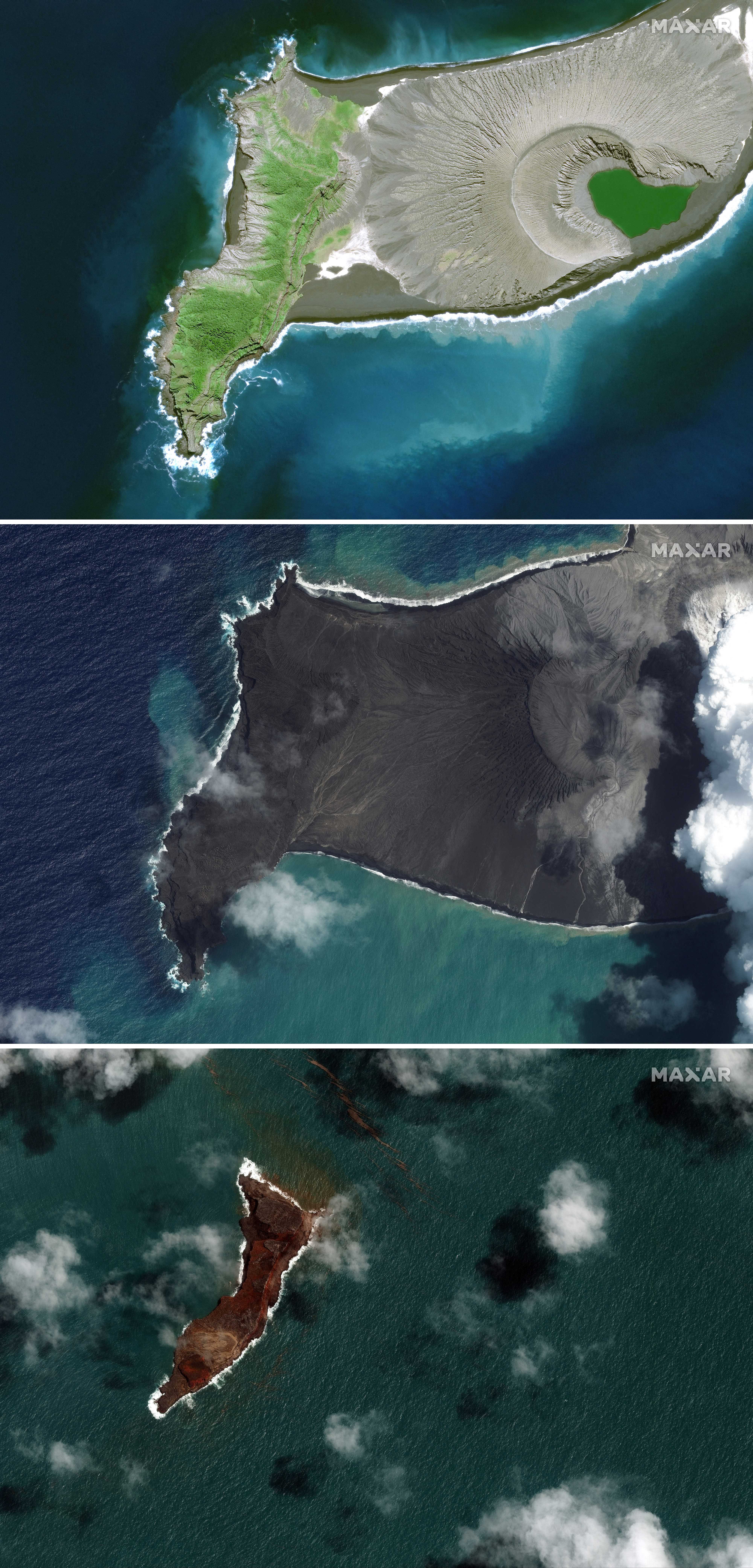 Una vista más cercana de la parte occidental del volcán Hunga-Tonga - Hunga-Haa'pai (imagen superior) el 10 de abril de 2021; y luego, cuando libera cenizas y humo el 6 de enero de 2022 (imagen central); y el mismo lugar el 18 de enero de 2022 (imagen inferior), tres días después de que una erupción masiva destruyera la mayor parte de la isla el 15 de enero (2022 Maxar Technologies / AFP)