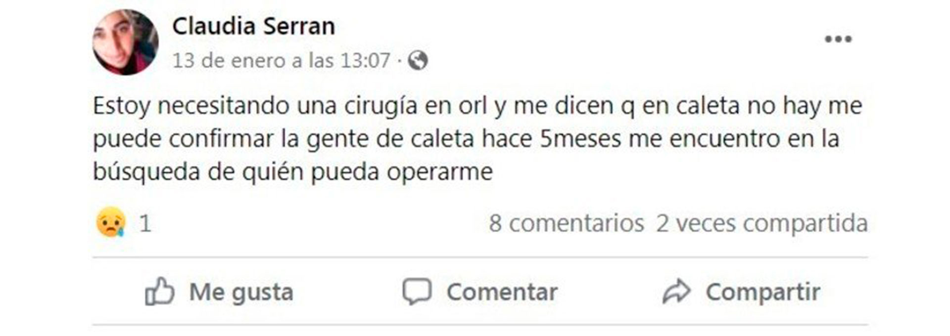 El desesperado pedido de Claudia Serran en Facebook.