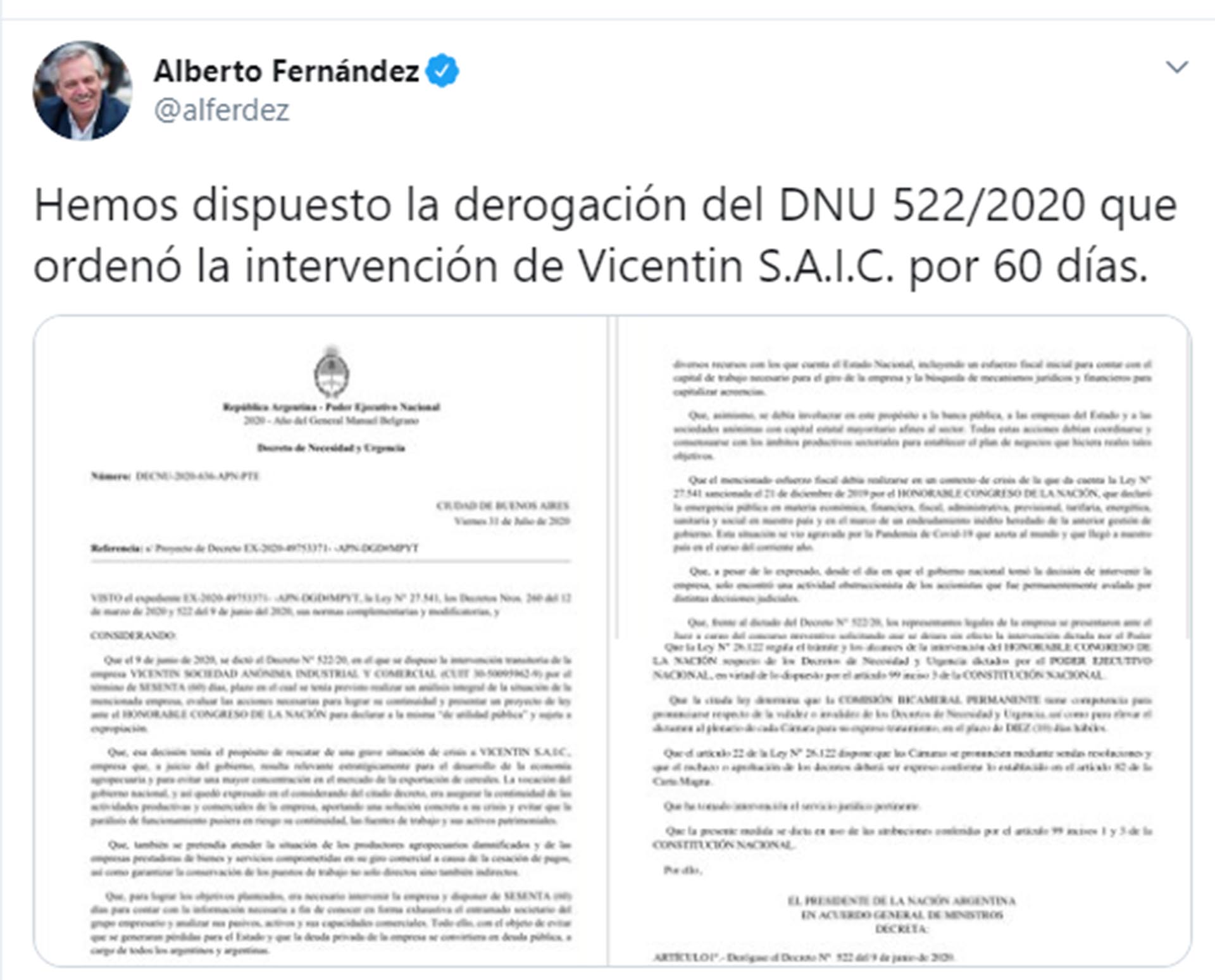 Alberto Fernandez Derogación del DNU 522/2020 que ordenó la intervención de Vicentin S.A.I.C