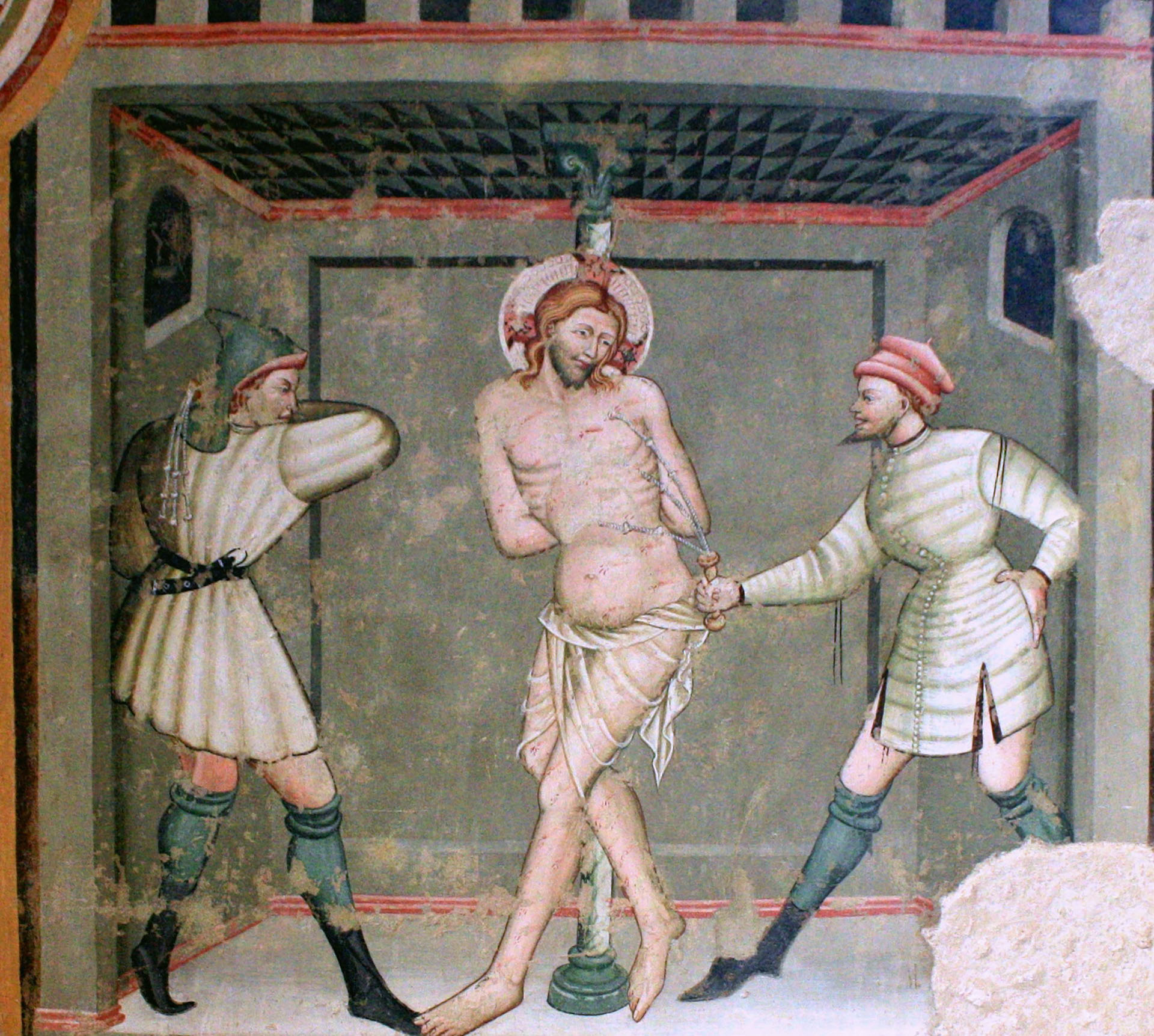 Jesús es azotado. Fresco de artistas de la escuela giottesca, entre el 300 y el 400, Iglesia de Santa María, Vallo di Nera, Perugia, Umbría