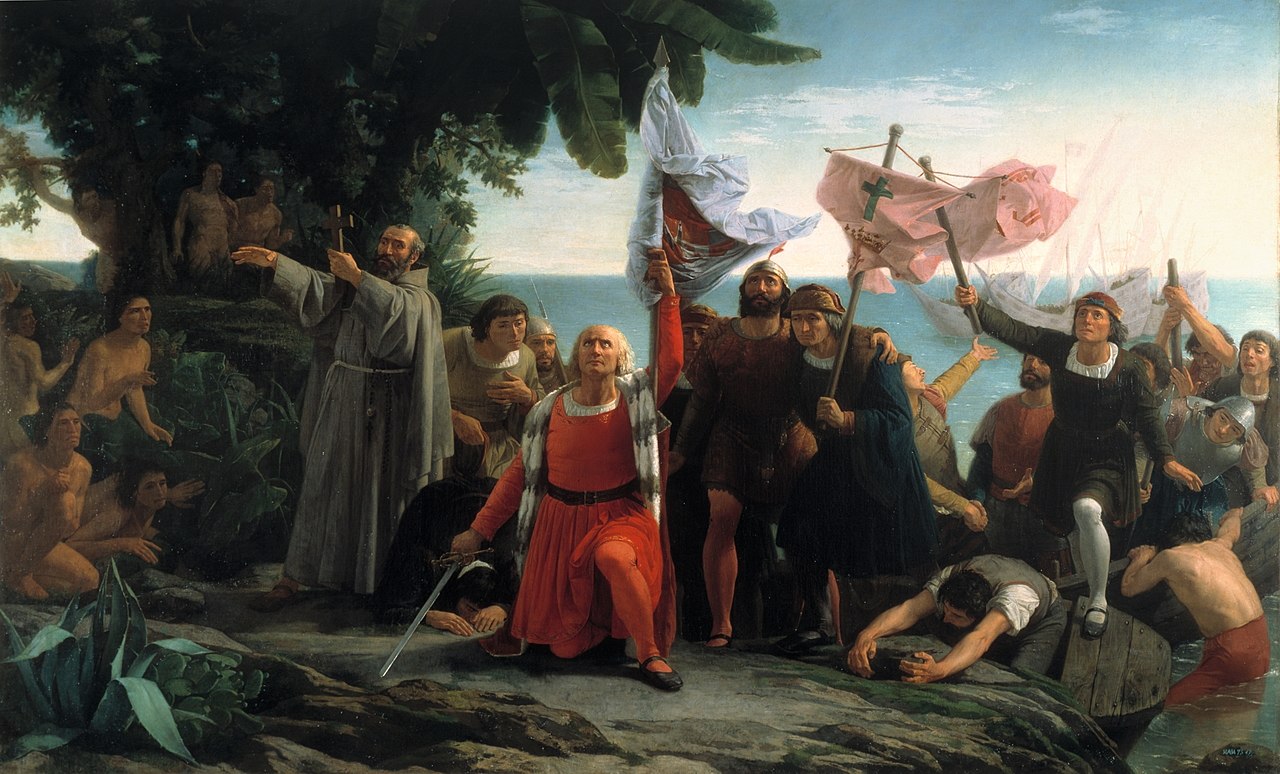 Pintura romántica de la llegada de Cristóbal Colón a América (Dióscoro Puebla, 1862)