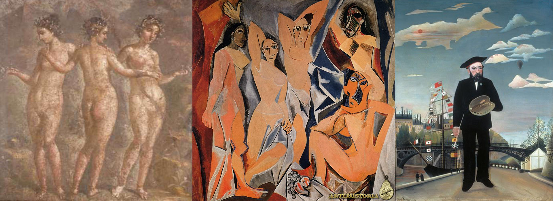 Fresco de Pompeya; "Las señoritas de Avignon", de Picasso, y "Yo mismo - retrato de paisaje", de Rousseau