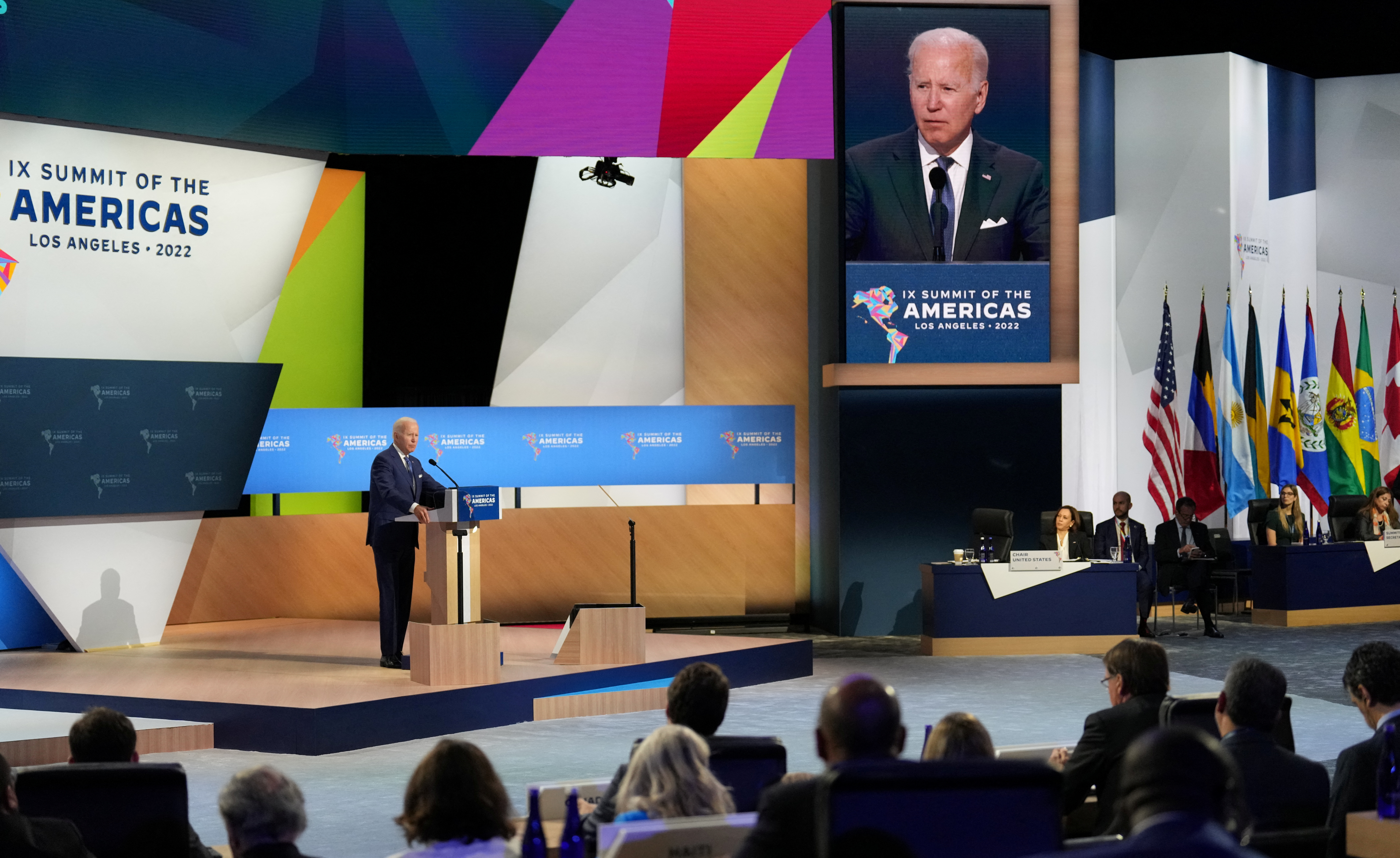 U.S. President Joe Biden speaks during the opening plenary session at the Ninth Summit of the Americas in Los Angeles, California, U.S., June 9, 2022. REUTERS/Lauren Justice