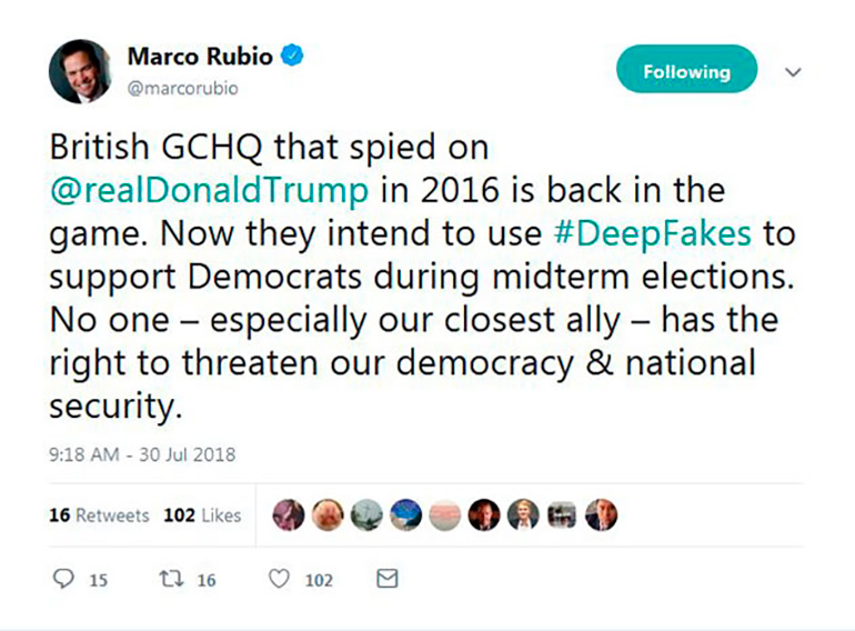 Un tuit falso atribuido al senador republicano Marco Rubio, otra de las estrategias de los rusos para sembrar fake news (DFRLab/ozpolitic.com)