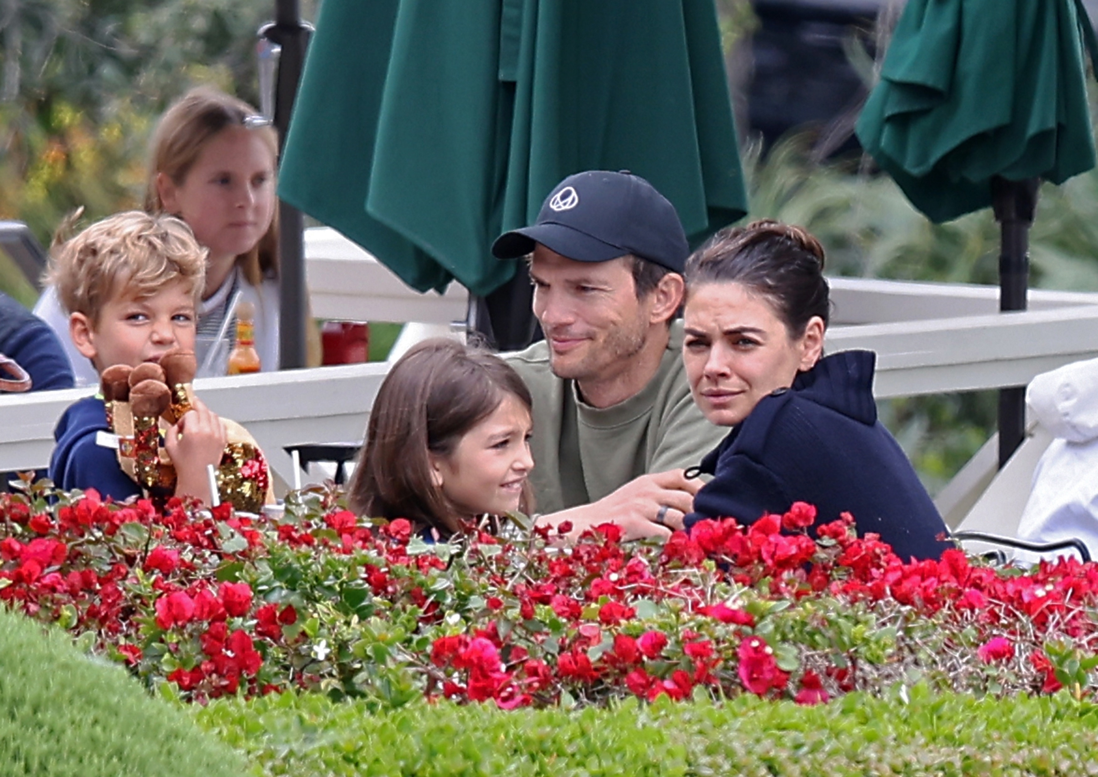 Family trip.  Ashton Kutcher and Mila Kunis went to lunch at an exclusive restaurant in Santa Monica with their children Wyatt and Dimitri