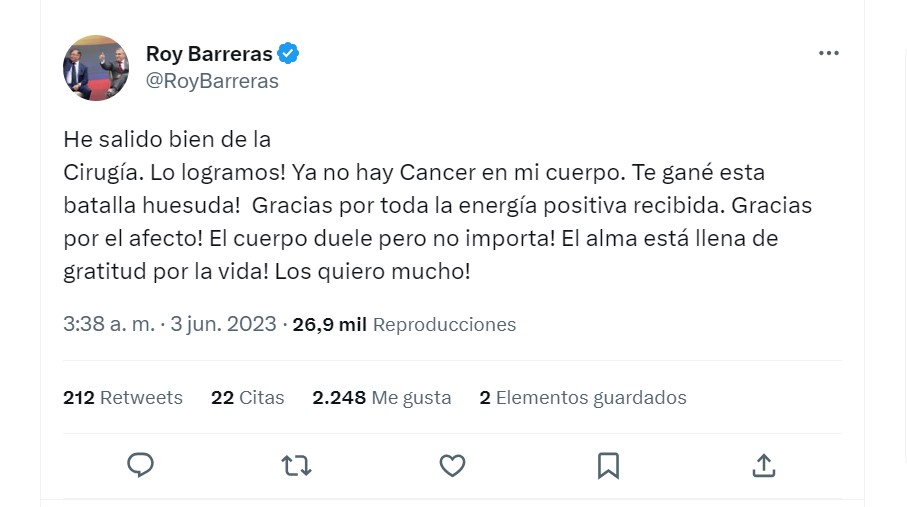 Roy Barreras salió bien de su cirugía