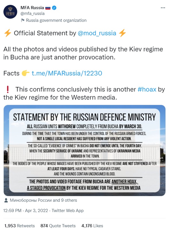 El tuit de la diplomacia rusa negando su responsabilidad en la masacre en Bucha y señalando que fue montaje de Kiev
