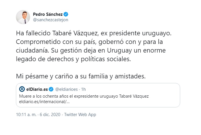 El español Pedro Sánchez destacó que la gestión de Vázquez "deja en Uruguay un enorme legado de derechos y políticas sociales"