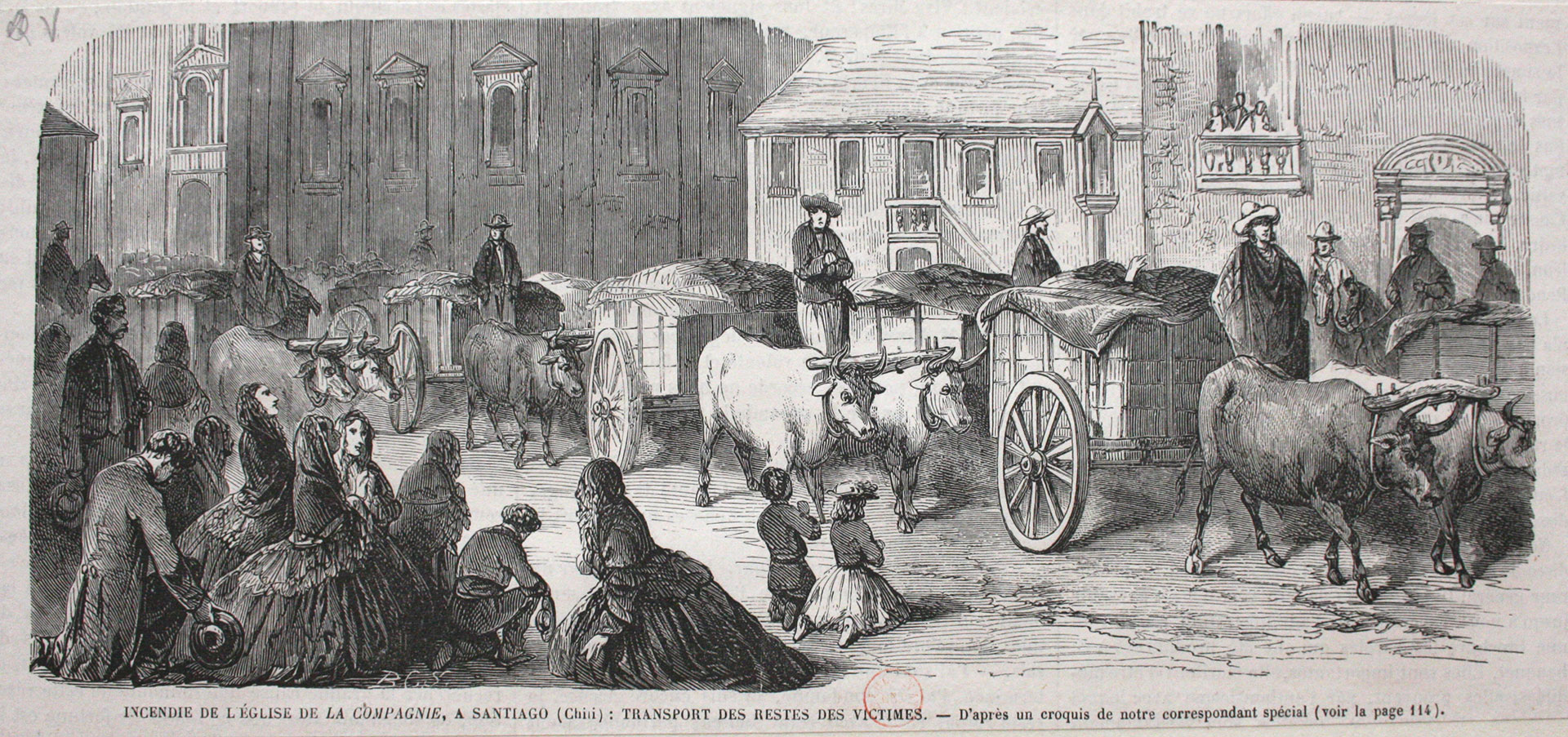 Dibujo de Ernest Charton sobre el transporte de los restos de las victimas del incendio de la Iglesia de la Compañía de Jesús