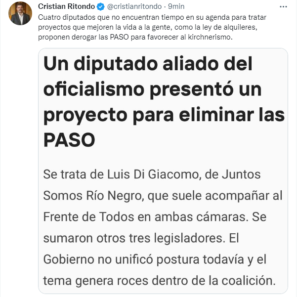Cristian Ritondo criticó que el oficialismo no trate proyectos "que mejoren la vida de la gente" (Twitter)