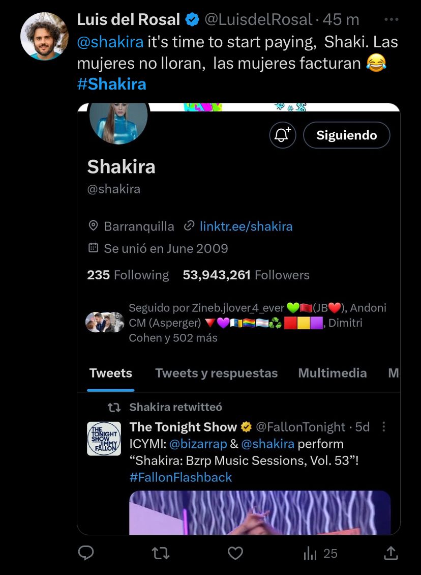 Seguidores de Shakira se despachan contra las nuevas políticas de Twitter por el "chulito azul". @LuisdelRosal/Instagram