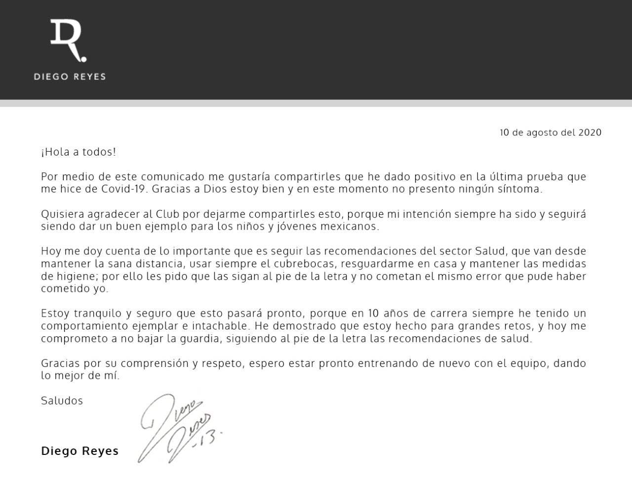 Comunicado de Diego Reyes (Foto: Twitter/ @Diego_Reyes13)