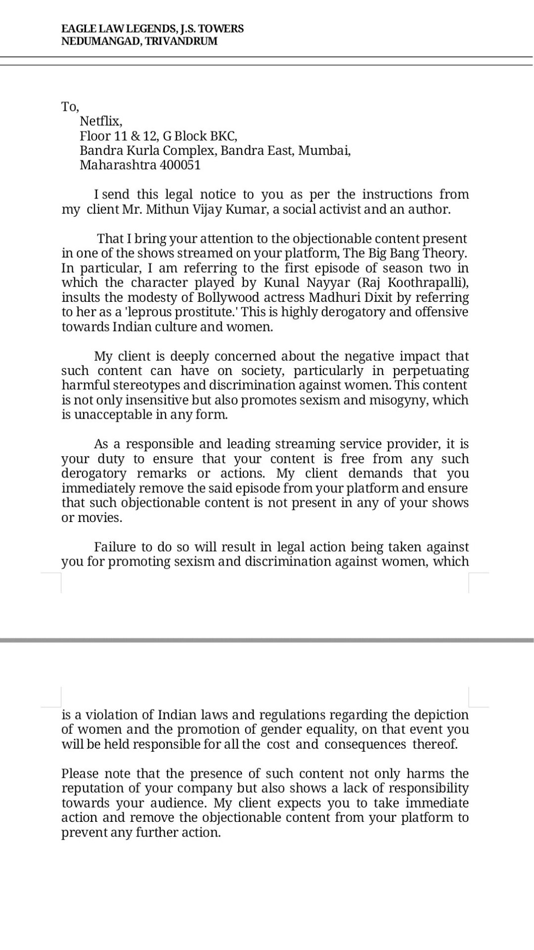 Fragmento del documento que el abogado de Kumar mandó a Netflix en un esfuerzo por eliminar el episodio donde se insulta a Madhuri Dixit. Foto: @MVJonline