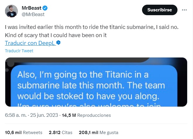 MrBeast compartió la conversación donde una persona lo invita a visitar el Titanic a bordo del submarino de OceanGate
Foto: Twitter/MrBeast