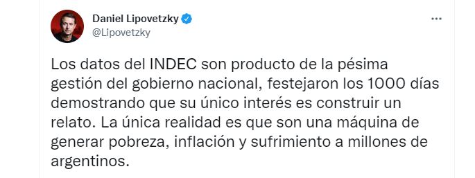 El tuit Daniel Lipovetzky sobre la inflación