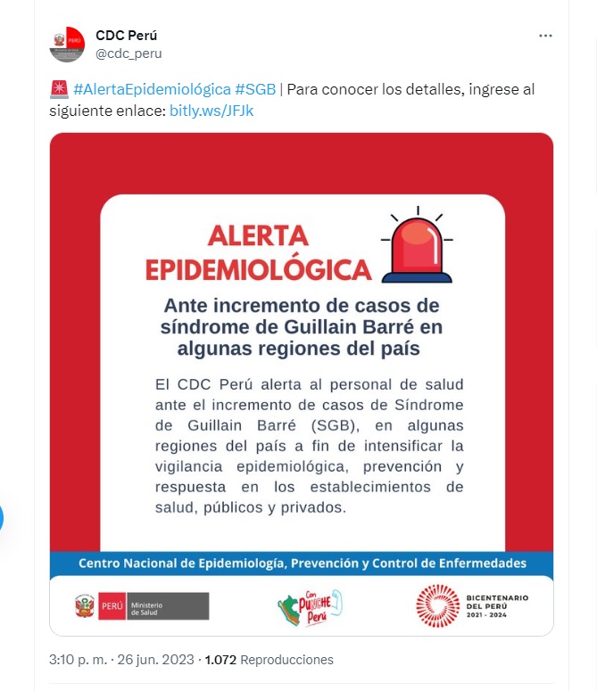 El CDC Perú emitió una alerta epidemiológica ante el incremento de casos de síndrome de Guillain-Barré en algunas regiones del país. (Twitter)