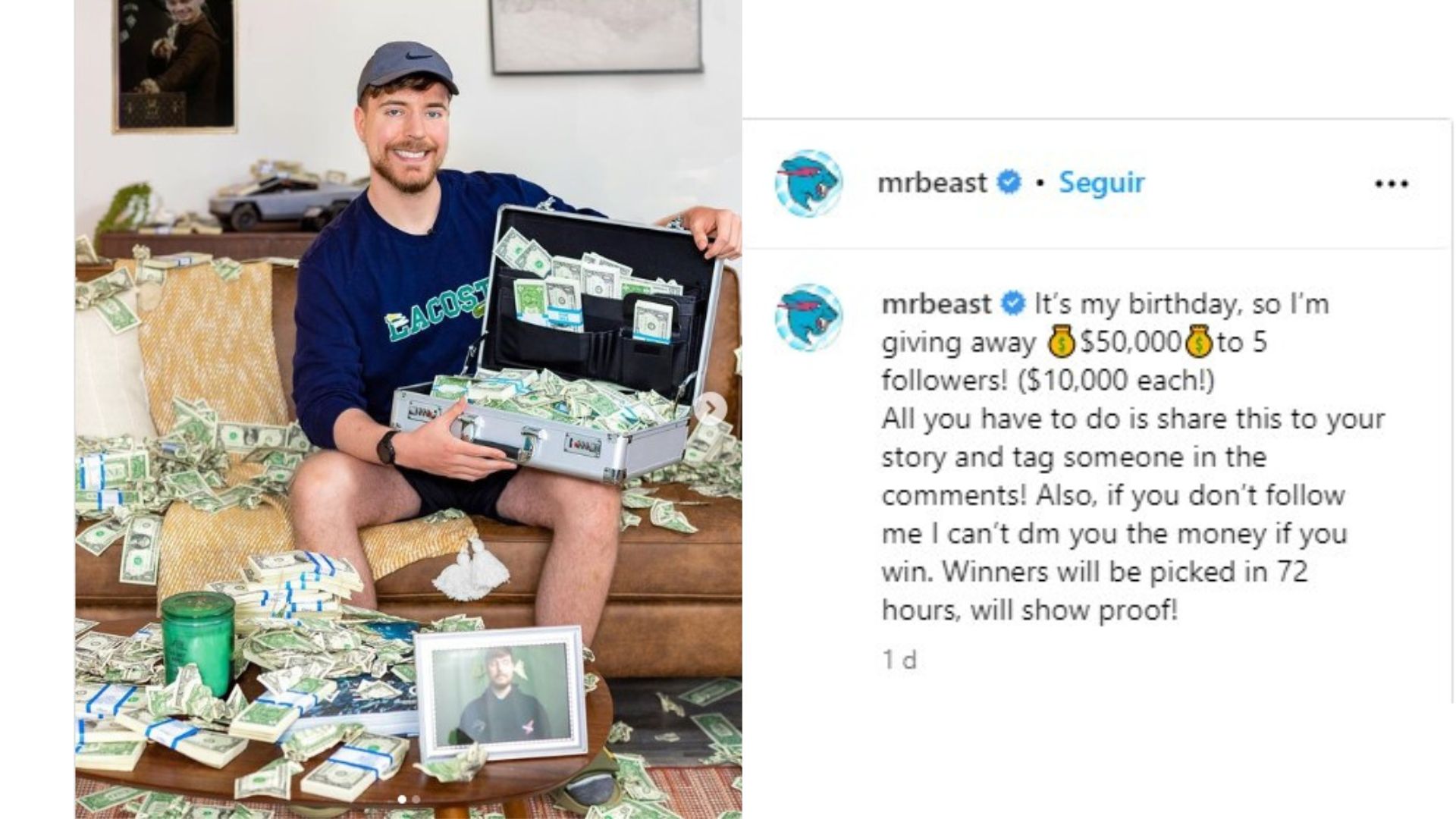 Mr. Beast regalará $50,000 dólares repartidos entre 5 seguidores (Captura de pantalla Instagram @mrbeast)