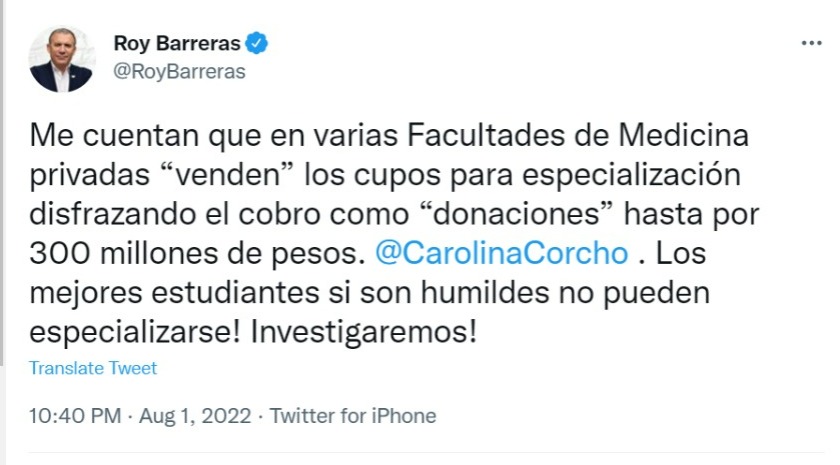 The new president of the Senate denounced Faculties of Medicine that sell quotas for specialization by disguising the payment.  Photo: Twitter @RoyBarreras